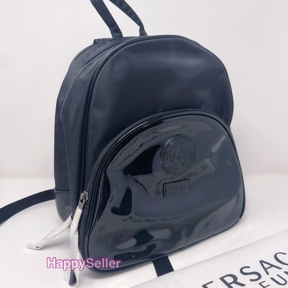 Versace Backpack Adjustable Straps Logo Medusa NEW Zippered Black Faux Leather